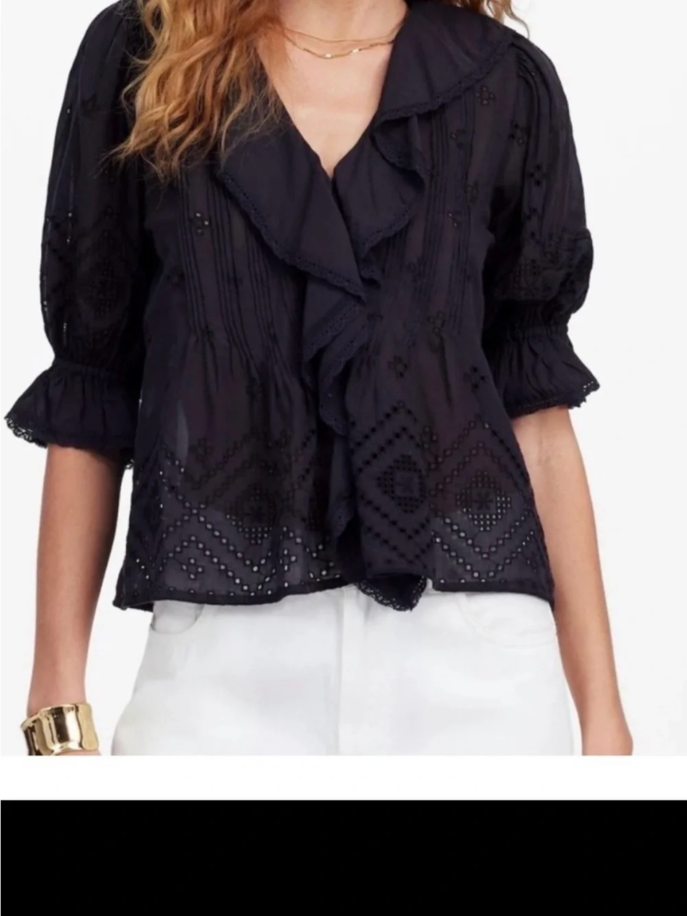 Madewell Black Ruffled Eyelet Puff Sleeve Blouse - Women size L